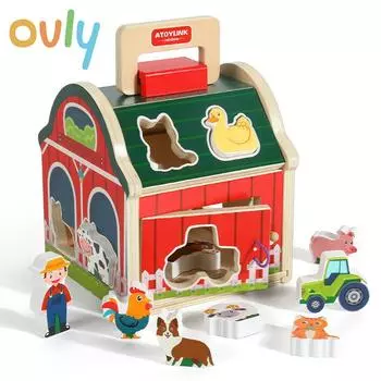 Ovly Wooden Puzzle Take-Along Barn Toy Montessori Shape Sorting Animals Farm Stacking Learning Toys For Toddlers And Kids Ages 2+