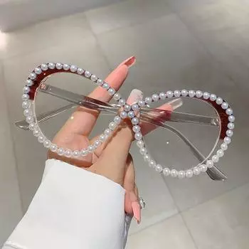 Овальная оправа для женских очков с жемчугом, модные большие очки конфетного цвета с защитой от синего света, зеркальные очки с плоским светом