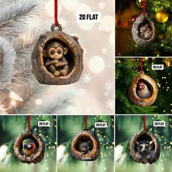 Овальное акриловое подвесное украшение в виде животного 2D Плоское лесное животное Рождественская елка подвесное украшение