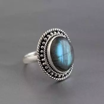 Овальное кольцо с лабрадоритом, дизайнерское кольцо ручной работы, украшения в стиле бохо, подарок для нее, юбилейное кольцо, эффектное кольцо, серебро 925 пробы 6