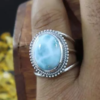 Овальное кольцо с натуральным драгоценным камнем Ларимар, дизайнерское кольцо ручной работы, богемное кольцо, эффектное кольцо, овальное кольцо, кольцо унисекс, свадебный подарок, кольцо из серебра 925 пробы 6