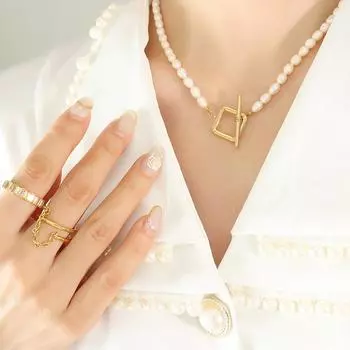 Овальные бусины из натурального пресноводного жемчуга, модное женское ожерелье с темпераментом, титановая сталь, позолоченная Т-образная пряжка, изысканное ожерелье