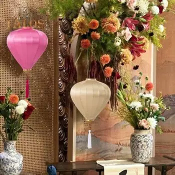 Овальные фонарики из искусственного шелка, однотонные, в китайском стиле, новогодние фонарики с кисточками, японские, вьетнамские, подвесные фонарики для украшения сада и домашней вечеринки розовый