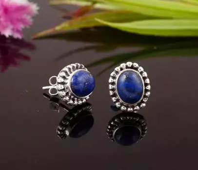 Овальные серьги-гвоздики из лазурита, женские серебряные серьги-гвоздики, дизайнерские серьги-гвоздики, подарок для нее, гвоздики с драгоценными камнями, подарок на годовщину, серебряные серьги 925 пробы