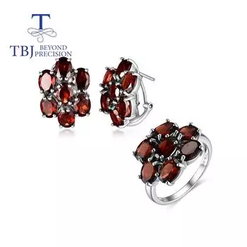 Овальные серьги с натуральным красным гранатом 5*7 мм, комплект ювелирных изделий из стерлингового серебра 925 пробы, легкие роскошные модные изысканные украшения для женщин us ring size 6# красный