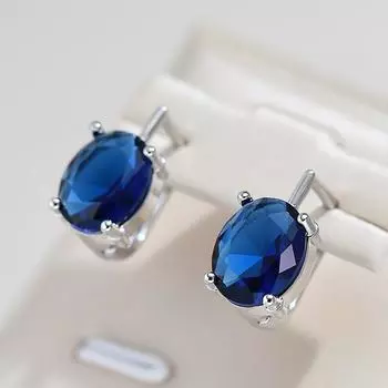 Овальные синие серьги с натуральным цирконом для женщин, модные свадебные украшения, аксессуары, милые серьги в богемном стиле серебристого цвета