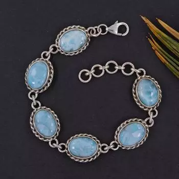 Овальный браслет из натурального камня ларимар, твердое серебро 925 пробы, браслет ручной работы, свадебный подарок, украшения в стиле бохо 7 Inch