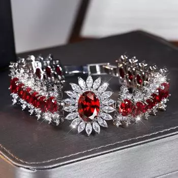 Овальный браслет с изображением подсолнуха из красного циркона для женщин, роскошные милые регулируемые свадебные украшения серебряного цвета красный