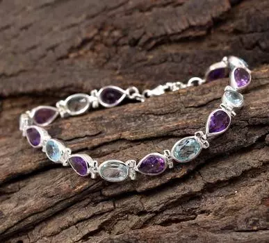 Овальный браслет с несколькими драгоценными камнями, серебро 925 пробы, женский браслет, подарок для нее, красивый подарок, серебряные ювелирные украшения 7.5 Inch