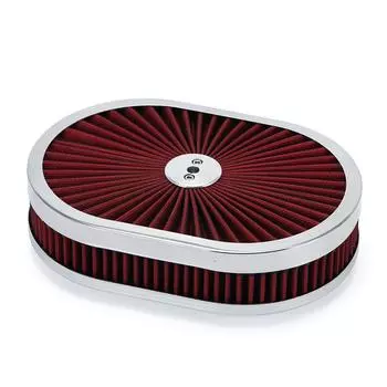 Овальный фильтр воздухоочистителя 12 x 2 дюйма, карбюраторная горловина 5-1/8 дюйма с проточной крышкой, хромированный с высоким потоком для GMC Chevy Ford Chryler Dodge красный