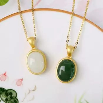Овальный кулон из нефрита Hetian женский, посеребренный, простое геометрическое ожерелье 925 пробы с белым нефритом и яшмой 50cm