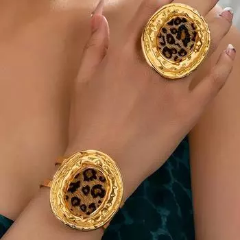 Овальный открытый браслет с леопардовым принтом, комплект колец золотой