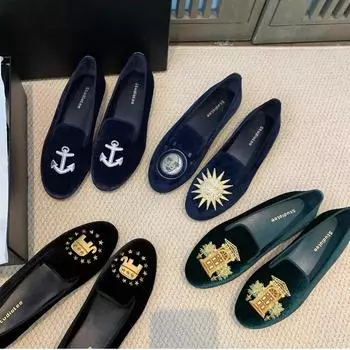 Овчина французская изысканная вышивка однопедальные бархатные мокасины женские ленивые маленькие кожаные туфли на плоской подошве 35