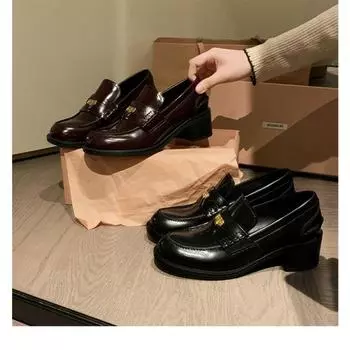 Овчина кожа британский стиль маленькие золотые монеты одна педаль толстый каблук туфли на платформе женские одинарные туфли на высоком каблуке маленькие кожаные туфли 35