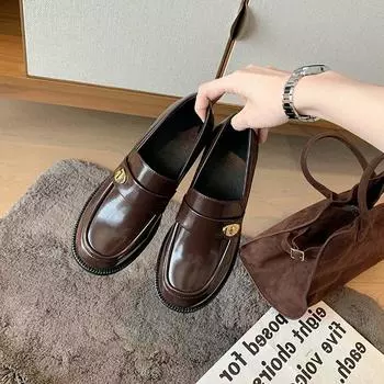 Овчина кожа круглая голова золотая пряжка одна педаль толстый каблук мокасины маленькие кожаные туфли женские осенние туфли на платформе одинарные 35