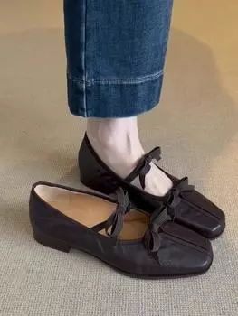 Овчина~ Кожаные французские балетки женские на мягкой подошве с юбкой Туфли Мэри Джейн в стиле ретро Туфли на плоской подошве с бантом 34
