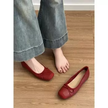 Овчина небольшая внутренняя высота увеличение кожаные туфли балетки одинарные туфли женские с мелким вырезом бант одинарные туфли на одной педали 34