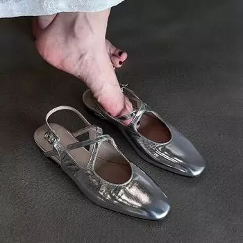 Овчина серебристый универсальный крест с плоским дном голова сумки сандалии женские летние верхняя одежда круглая голова легкий рот пустые одинарные туфли 35