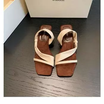 Овчина~ Тапочки женские летние для улицы темперамент квадратный носок высокий каблук с открытым носком толстый каблук крутые тапочки 35