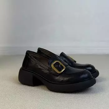 Овчина~ толстая подошва бесшумные женские ретро золотая пряжка стиль колледжа на одной педали натуральная кожа толстый каблук британские маленькие кожаные туфли 35
