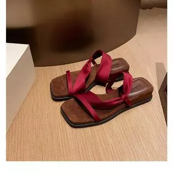 Овчина~ увеличение роста на 4 см темперамент квадратный носок обертывание с сандалиями танкетка толстая подошва шлепанцы женские летние сандалии 34