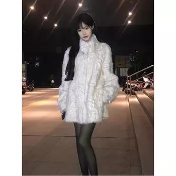 Овечья шерсть маленькое ароматное ветровое пушистое зимнее пушистое пальто 2024 новое меховое ворсовое утолщенное хлопковое пальто для женщин S серый