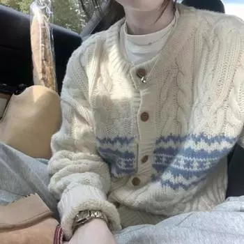 Овечья шерсть ретро цвет контраст японский ленивый ветер свободные жареные переплетения теста кардиган свитер пальто женщины S