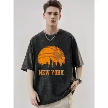 Оверсайз футболка с принтом «Нью-Йоркский баскетбол» - Высококачественный плотный хлопок, свободный крой, короткий рукав, круглый вырез, винтаж S