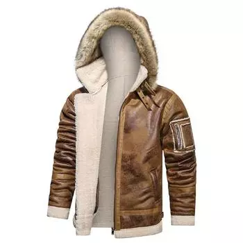 Оверсайз Осень и Зима Плюшевое кожаное пальто с капюшоном Повседневный меховой воротник Композитная куртка Шуба M коричневый