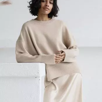 Оверсайз осенне-зимний однотонный свитер с круглым вырезом для женщин, базовый вязаный пуловер, шикарный мягкий свободный повседневный женский джемпер One Size темные хаки