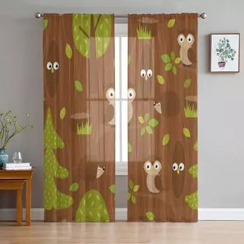 Owl And Hedgehog In Forest Sheer Curtain For Living Room Bedroom Voile Curtains For Window Organza Curtains Party Tulle Drapes 135W x 114H(cm)