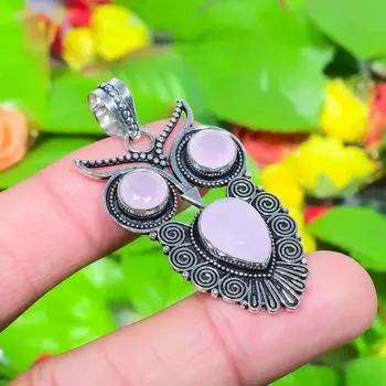 Owl- Pink Chalcedony Gemstone Handmade 925 Sterling Silver Pendant 1.97 r6E31