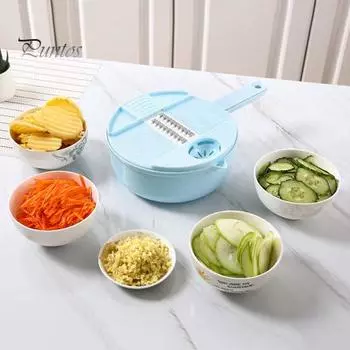 Овощерезка с 6 лезвиями, круглый измельчитель овощей с контейнером, терка для сыра, пищевой кухонный гаджет без запаха для легкой нарезки кубиками зелёный