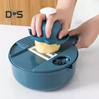 Овощерезка с 6 лезвиями, круглый измельчитель овощей с контейнером, терка для сыра, пищевой кухонный гаджет без запаха для легкой нарезки кубиками зелёный