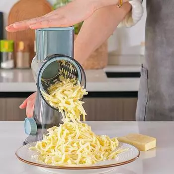Овощерезка, терка для сыра с 3 сменными лезвиями, вращающийся ручной инструмент для мелкой терки с нескользящей присоской белый