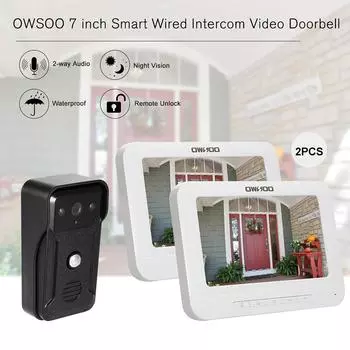 OWSOO 7-дюймовый проводной видеодомофон с 2 внутренними мониторами с ИК-подсветкой, водонепроницаемый и 1 наружной камерой EU Plug