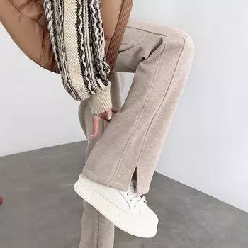 Овсяные женские брюки с высокой посадкой из смесовой шерсти с широкими штанинами: На флисовой подкладке, с разрезом, в елочку, Осень/Зима 2024. S (Weight 105 jin)