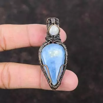 Подвеска Owyhee Blue Opal Copper Wire Wrapped, ювелирные изделия ручной работы, подвеска из настоящего драгоценного камня, подарок для мамы, подвеска Rainbow Moonstone, медные ювелирные изделия