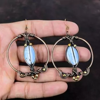 Owyhee Медные серьги с синим опалом, серьги из медной проволоки, серьги из натурального драгоценного камня, красивые медные украшения, серьги ручной работы, подарок для мамы