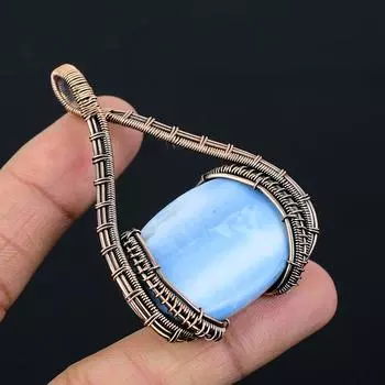 Owyhee Opal Gemstone Чистая медная проволока Обернутая дизайнерская подвеска ручной работы Ювелирные изделия для женщин 2.60 Inches синий