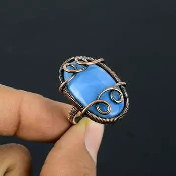 Owyhee Opal Gemstone Медная проволока, обернутая ювелирным кольцом ручной работы для нее 4 синий