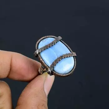 Owyhee Opal Gemstone Медная проволока, обернутая ювелирным кольцом ручной работы, все размеры 4 синий
