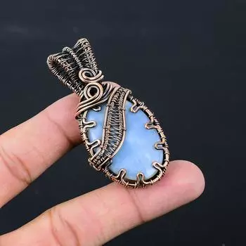 Owyhee Opal Gemstone Pure Copper Wire Wrapped Handmade Pendant Jewelry 2.56 Inches синий