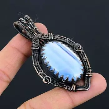 Owyhee Opal Gemstone Pure Copper Wire Wrapped Handmade Pendant Jewelry 2.91 Inches синий
