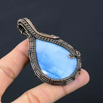 Owyhee Opal Gemstone Pure Copper Wire Wrapped Handmade Pendant Jewelry 3.07 Inches синий
