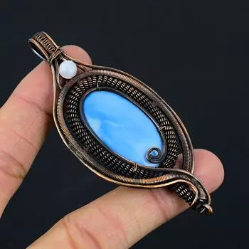Owyhee Opal, лунный камень, драгоценный камень, чистая медная проволока, обернутая дизайнерской подвеской ручной работы, ювелирный подарок для нее 3.35 Inches синий