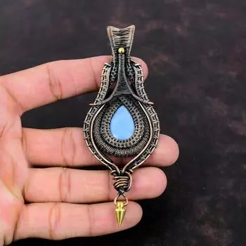 Owyhee Подвеска с синим опалом, медная проволока, кулон с драгоценным камнем, ювелирные изделия из проволоки, кулон ручной работы, очень красивые медные украшения, подарок для него