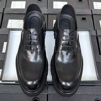 Оксфордские кожаные туфли мужские деловые деловые кожаные дышащие толстые подошвы высокие костюмные свадебные туфли для жениха мужские кожаные туфли высокого класса 38 чёрный