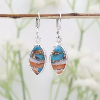 Oyster Turquoise Gemstone Marquise Shape Earring, Women Earring, 925 Silver Earring, Boho Jewelry