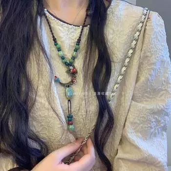 Ожерелье-бабочка из хлопка и льна в стиле ретро с кисточками: Цепочка для свитера серии Forest New wooden double ring